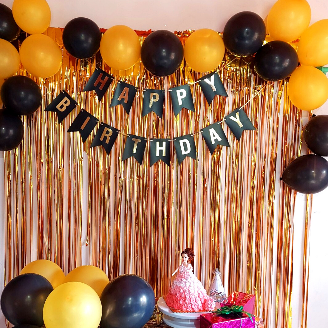 Happy Birthday Decoration Kit Pack of 34 Combo with 1 Pc  Black Birthday Banner, 2 Pcs Gold Fringe Foil Curtain, 30 Pcs Black Gold  Balloons for Kids Birthday Decoration Item