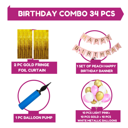 Happy Birthday Decoration Kit Pack of 34 Combo with 1 Pc Peach Happy Birthday Banner, 30 Pcs Light Pink ,Gold, White Balloons for Kids Birthday Decoration Item - Image 2
