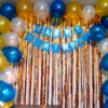 Happy Birthday Decoration Kit Pack of 33 Combo with 1 Pc Blue Happy Birthday Banner, 2Pcs Gold Fringe Foil Curtains, 10 Pcs White Metallic Balloons for Kids Birthday Decoration Item
