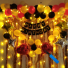 Happy Birthday Decoration Kit Pack of 53 Combo with 1 Pc Black Banner, 2 Pcs Gold Fringe Foil Curtain ,40 Pcs Red, Black, Gold, Silver Balloons for Kids Birthday Decoration Item