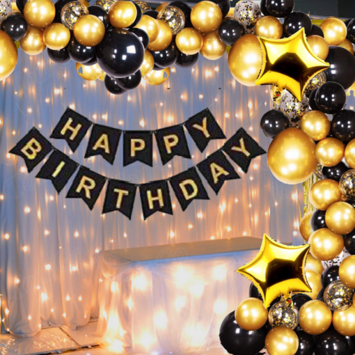 Happy Birthday Decoration Kit Pack of 49 Combo with 1 Pc Black Banner,  1 Pc arch, 20 Pcs Black & 20 Pcs Gold Balloons, 4 Pcs Gold Confetti Balloons for Kids Birthday Decoration Items