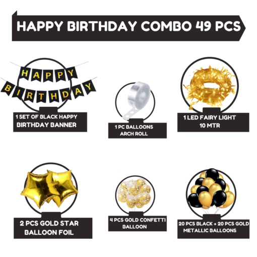 Happy Birthday Decoration Kit Pack of 49 Combo with 1 Pc Black Banner,  1 Pc arch, 20 Pcs Black & 20 Pcs Gold Balloons, 4 Pcs Gold Confetti Balloons for Kids Birthday Decoration Items - Image 2