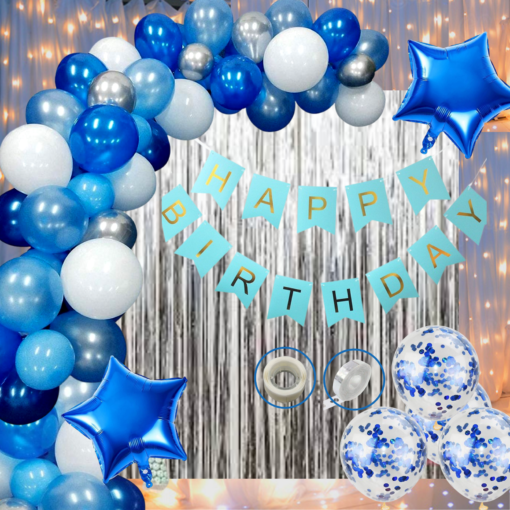 Happy Birthday Decoration Kit Pack of 51 Combo with 1 Pc Blue Banner, 1 Pc Glue Dot, 2 Pcs Blue Star, 10 Pcs Dark Blue, 10 Pcs Light Blue for Kids Birthday Decoration Items