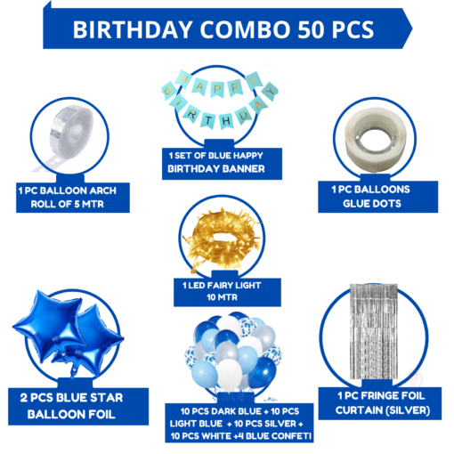 Happy Birthday Decoration Kit Pack of 51 Combo with 1 Pc Blue Banner, 1 Pc Glue Dot, 2 Pcs Blue Star, 10 Pcs Dark Blue, 10 Pcs Light Blue for Kids Birthday Decoration Items - Image 2
