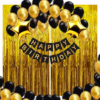 Happy Birthday Decoration Kit Pack of 35 Combo with 2 Pcs Gold Fringe Foil Curtains, 1 Black Birthday Banner, 15 Pcs Black Balloons for Kids Birthday Decoration Items