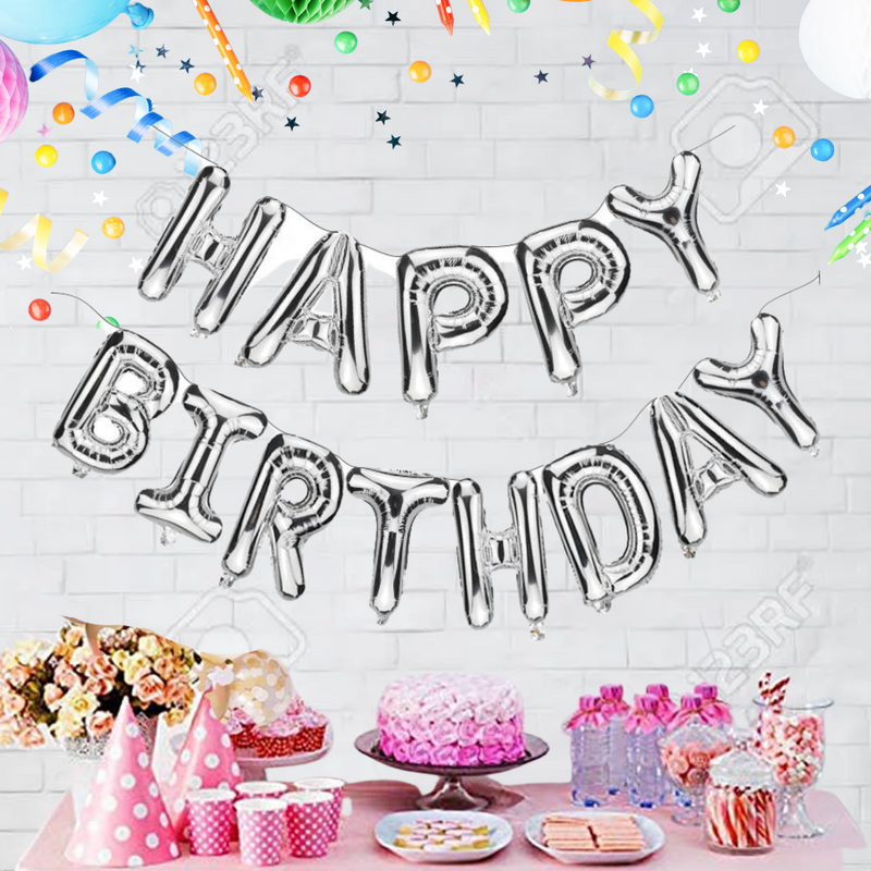 thumbnail image 2 of 16" Silver Foil Happy Birthday Balloons Banner – PMLAND Party Decoration 2 of 6