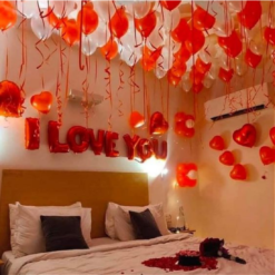 I love you foil decoration set with heart balloons for valentines, anniversary, proposal , wife , husband (Pack of 71, Red White Theme)