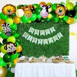 Jungle Safari Theme Birthday Decoration Kit with 6 Animals Face Foil Balloons, Happy Birthday Banner & HD Balloons Decoration kit (Edition 3, Green ) - 54 Pieces
