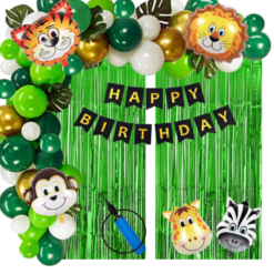 Jungle animal Theme Birthday Decoration kit - 101Pcs Combo with Black Banner, Green Curtains, animal foils, Metalic Balloons, balloon pump, fairy led light Decoration for Boy or Girls