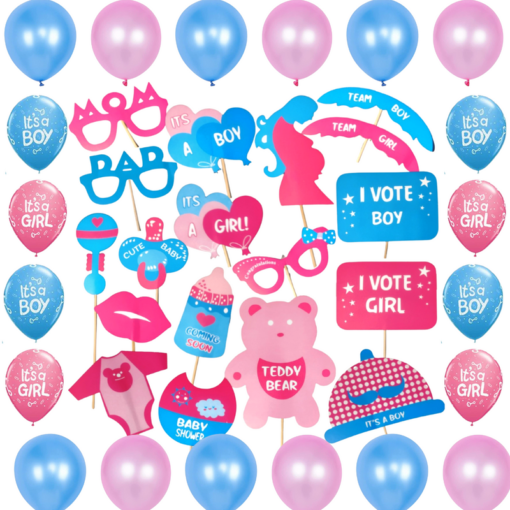 Baby shower props for photoshoot decoration items 68 Pcs Combo with it?s a girl & it?s a boy printed balloons , metallic balloons , baby shower props, craddle foil balloon for mom to be dad to be family props