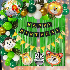 Jungle Theme Birthday Decoration kit - 73Pcs Combo with LED fairy light, Black banner Round,  jungle foil, jungle foil balloons, Arch Tape, Metalic balloons, curtains, Crome balloons, Paper flag Gold Decoration for Boy or Girls