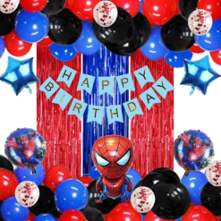 spiderman Theme Birthday Decoration kit - 63Pcs Combo with   Blue Happy birthday banner  Spiderman 5 set Foil balloons metalic balloons Red Blue Black Metalic balloons 3 confetti balloons arch + Glue dot red curtains  Blue curtain  Decoration for Boy or G