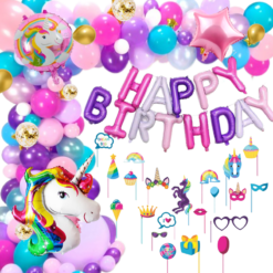 Unicorn birthday theme decoration items 78 Pcs Combo with candy birthday foil balloon , unicorn foil balloon , unicorn propz for birthday, confetti balloon , chrome balloons for kids , girls baby 1st bday