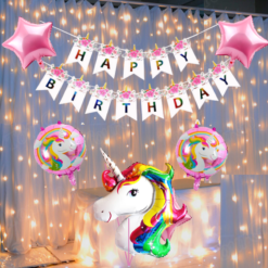 unicorn theme Birthday Decoration kit - 3Pcs Combo with  LED fairy light, Unicorn Happy birthday banner, 5 set Unicorn foil balloons Decoration for Boy or Girls