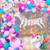 unicorn theme Birthday Decoration kit - 63Pcs Combo with  Full Big  Unicorn Happy birthday  banner Led Rice Light  Unicorn foil balloons  unicorn round foil pink star foil metalic balloons Pink, Blue Purple3 confetti balloons3 Gold crome balloons arch  De