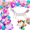 unicorn theme Birthday Decoration kit - 60Pcs Combo with   Full Big Unicorn Happy birthday Banner  Unicorn 5 set Foil balloons metalic balloons Pink, Blue Purple3 confetti balloons3 Gold crome balloons arch + Glue dot  Decoration for Boy or Girls