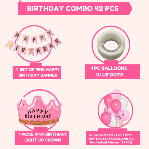 Happy birthday  Light up crown 42 Pcs Combowith banner, balloons , confetti pink, glue dot to stick balloons as caps , birthday party first 1st , 5th , 10th - Image 3