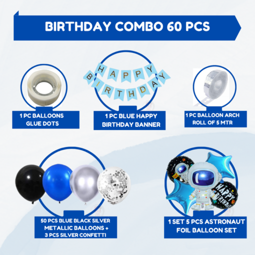 Astronaut theme Birthday Decoration kit - 60 Pcs Combo with  banner , 5 pcs foil balloons set  for kids party boys girls - Image 2