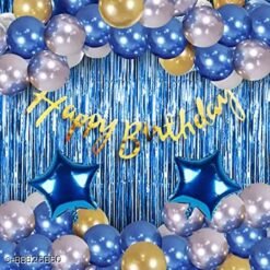 Happy Birthday Cursive Banner + 2 Star Foil Balloons + 2 Fringe Foil Curtain + 30 Metallic Latex Balloons (Blue, Gold & Silver)