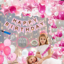 Happy birthday pink banner , fringe curtain, led light with balloon pump, crown, sash 64 Pcs Combo for kids bday girlas caps , birthday party first 1st , 2nd, 5th , 10th