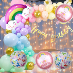 Happy birthday rainbow foil balloon 69 Pcs Combo for kids bday candy theme with led lightas caps , birthday party first 1st , 5th , 10th