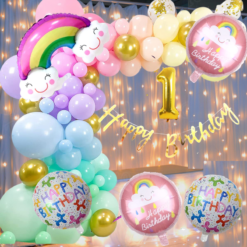 Happy birthday rainbow foil balloon 70 Pcs Combo for kids bday candy theme with led lightas caps , birthday party first 1st