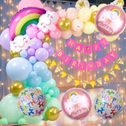 Happy birthday rainbow foil balloon 70 Pcs Combo for kids bday candy theme with led lightas caps , birthday party first 1st