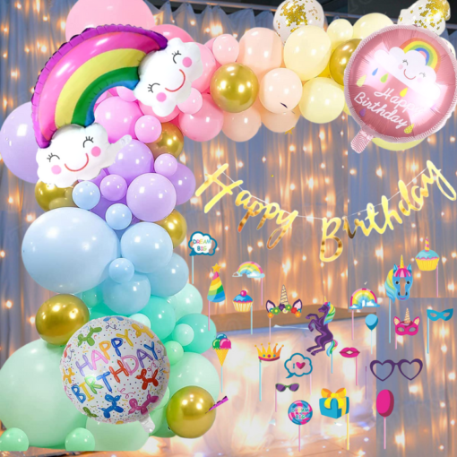 Happy birthday rainbow foil balloon 70 Pcs Combo for kids bday candy theme Party props Led Lightas caps , birthday party first 1st