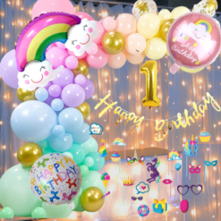 Happy birthday rainbow foil balloon 71 Pcs Combo for kids bday candy theme Party props Led Lightas caps , birthday party first 1st