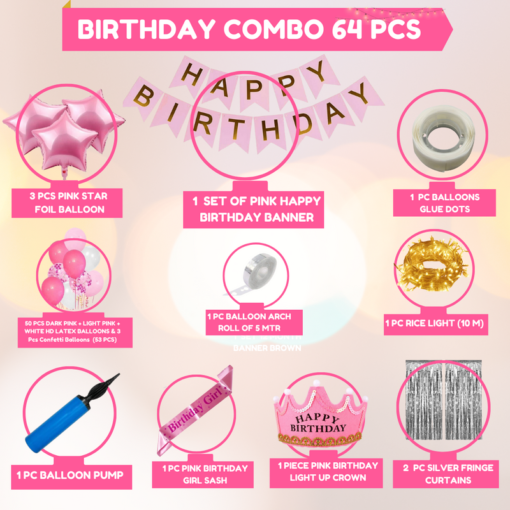 Happy birthday pink banner , fringe curtain, led light with balloon pump, crown, sash 64 Pcs Combo for kids bday girlas caps , birthday party first 1st , 2nd, 5th , 10th - Image 2