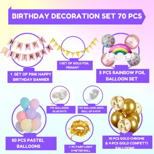 Happy birthday rainbow foil balloon 70 Pcs Combo for kids bday candy theme with led lightas caps , birthday party first 1st - Image 2