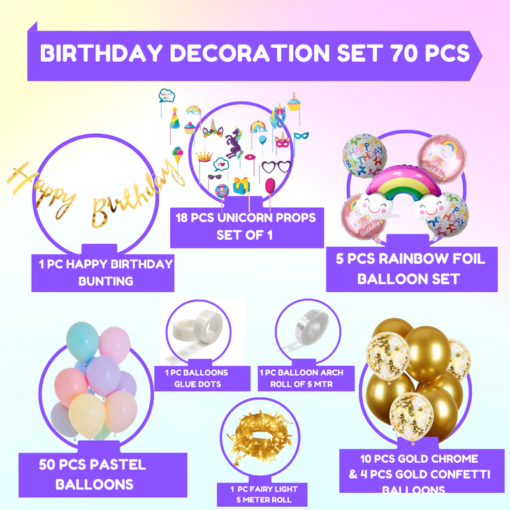 Happy birthday rainbow foil balloon 70 Pcs Combo for kids bday candy theme Party props Led Lightas caps , birthday party first 1st - Image 2