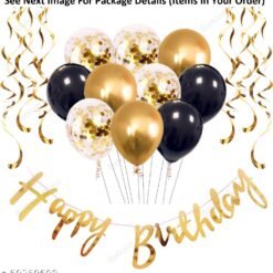 Graceful Party Supplies Happy Birthday Decoration, Birthday Decorations, Birthday Ka Saman, 16Pcs Happy Birthday Foil Banner, Black-Golden Balloons with Golden Confettie and Golden Swirls for Boys, Girls, Kids or Adults Birthday Decoration