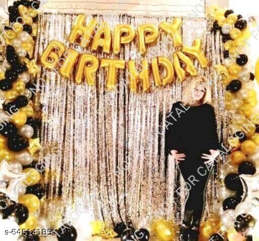 HAPPY BIRTHDAY PARTY BEST DECORATION SET WITH GOLDEN FOIL HAPPYBIRTHDAY (13 PIECE LETTER)+2 PCS Silver Fringe Curtain (3*6feet)+ 30pc Mettalic Shine Balloon (Black, Sliver, Golden) | Birthday Party Decorations Set |Happy Birthday Decoration Set