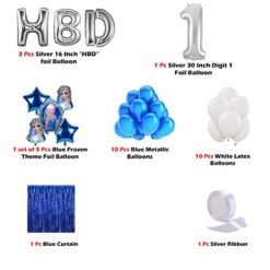 Kids Frozen Theme 1st Birthday Balloon Decoration Item - Combo 27 Pcs - Silver Digit Foil Balloon, Frozen Theme Foil Balloon, Blue Curtain