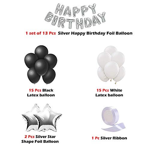 Silver Happy Birthday Balloon Decoration Kit - 46 Pcs Combo - Black and White Latex Balloon and Silver Heart Shape Foil Balloon