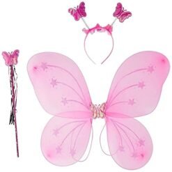 Girl's Nylon Butterfly Fairy Angel Wing, Wand And Hairband For Baby Kid Birthday Occasions (Pink) - Pack of 1