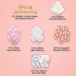 Pink Anniversary Decoration Items - Pack of 47 Pcs - Happy Anniversary Cursive Banner, Confetti & Metallic Balloons, Arch strip and Balloon Glue Tape - Anniversary Surprise Decoration