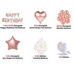Rosegold Birthday Party Decoration Items - Pack Of 43 Pcs - Birthday Foil Balloon, Star Shape Balloon, Heart Shape Balloon, Confetti and Metallic Balloons