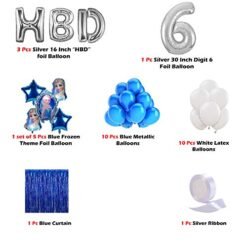 Kids Frozen Theme 6th Birthday Balloon Decoration Item - Combo 27 Pcs - Silver Digit Foil Balloon, Frozen Theme Foil Balloon, Blue Curtain