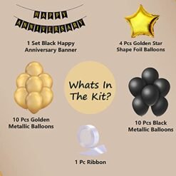 Black & Golden Happy Anniversary Decoration Kit - Pack of 26 Pcs - Banner, Star Shape Foil & Metallic Balloons Wall Decoration