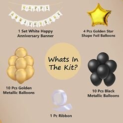 Black & Golden Happy Anniversary Decoration Kit - Pack of 26 Pcs - White Banner, Star Shape Foil & Metallic Balloons Wall Decoration