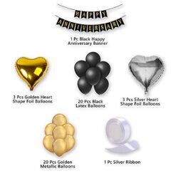 Black & Golden Balloon Decoration for Anniversary - 48 Pcs Combo - Happy Anniversary Banner, Heart Foil Balloon for 1st, 5th, 25th Room Decoration, Wedding Anniversary