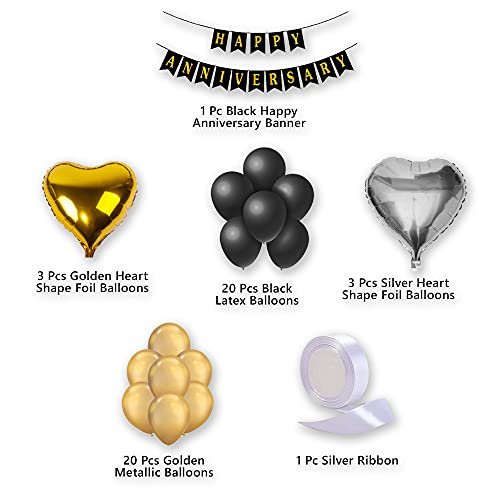 Black & Golden Balloon Decoration for Anniversary - 48 Pcs Combo - Happy Anniversary Banner, Heart Foil Balloon for 1st, 5th, 25th Room Decoration, Wedding Anniversary