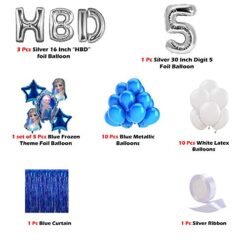 Kids Frozen Theme 5th Birthday Balloon Decoration Item - Combo 27 Pcs - Silver Digit Foil Balloon, Frozen Theme Foil Balloon, Blue Curtain