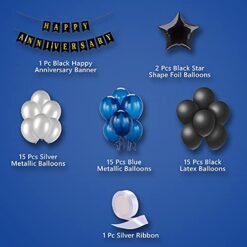 Blue & Black Happy Anniversary Decoration Items For Room - Pack of 49 Pcs - Bunting, Star Shape Foil & Metallic Balloons - Wall Backdrop Decoration