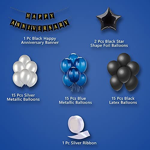 Blue & Black Happy Anniversary Decoration Items For Room - Pack of 49 Pcs - Bunting, Star Shape Foil & Metallic Balloons - Wall Backdrop Decoration