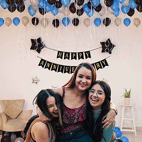 Blue & Black Happy Anniversary Decoration Items For Room - Pack of 49 Pcs - Bunting, Star Shape Foil & Metallic Balloons - Wall Backdrop Decoration - Image 3