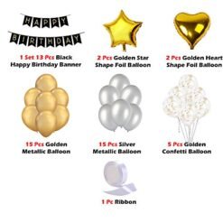 Golden & Silver Birthday Balloons for Decoration - Pack Of 53 Pcs - Happy Birthday Banner, Star, Heart Shape, Confetti & Metallic balloons - 1st, 10th, 18th, 21st, 25th, 30th, 40th