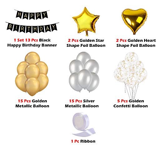Golden & Silver Birthday Balloons for Decoration - Pack Of 53 Pcs - Happy Birthday Banner, Star, Heart Shape, Confetti & Metallic balloons - 1st, 10th, 18th, 21st, 25th, 30th, 40th